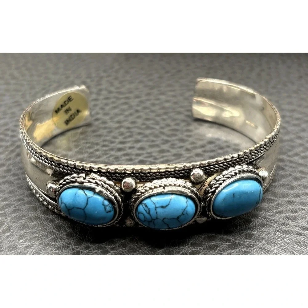 Vintage Faux Turquoise Cabochon Cuff Bracelet Made in India Boho Silver Tone